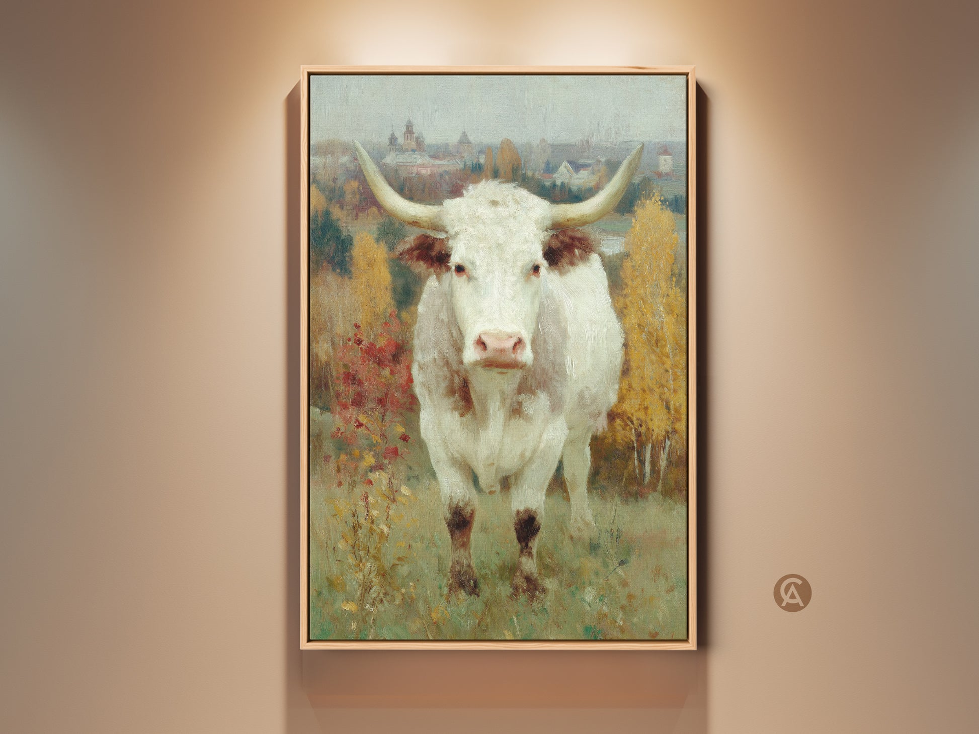 Experience the rustic charm of this longhorn cow art. The artwork features a white longhorn set against a backdrop of fall foliage. This framed canvas art brings a touch of country elegance to any room.
