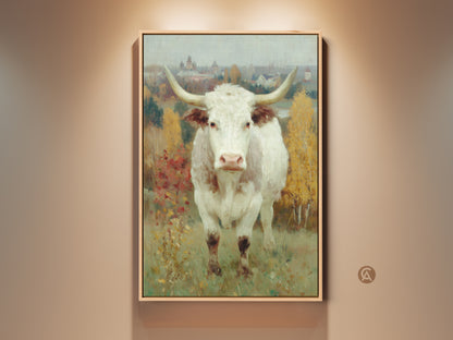 Experience the rustic charm of this longhorn cow art. The artwork features a white longhorn set against a backdrop of fall foliage. This framed canvas art brings a touch of country elegance to any room.