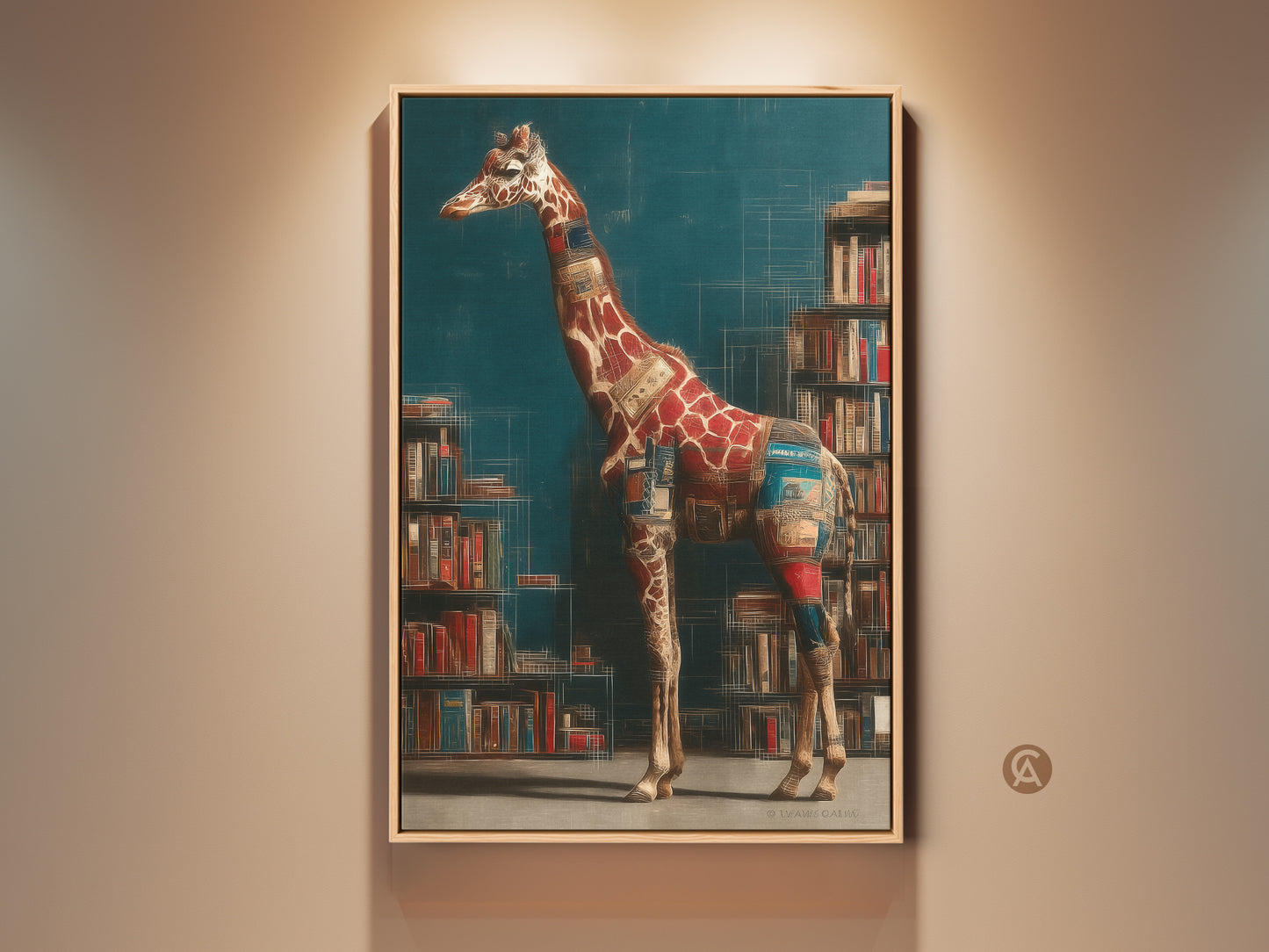 Framed surreal giraffe canvas art on display. This bookshelf animal print features eclectic study room decor. This literary wall art in a teal brown red palette is a unique housewarming gift.