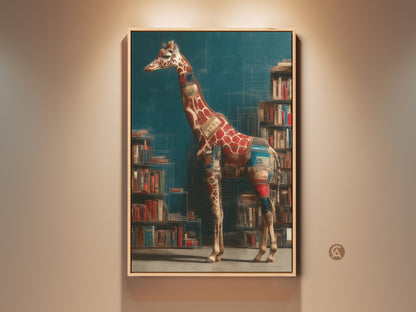 Framed surreal giraffe canvas art on display. This bookshelf animal print features eclectic study room decor. This literary wall art in a teal brown red palette is a unique housewarming gift.