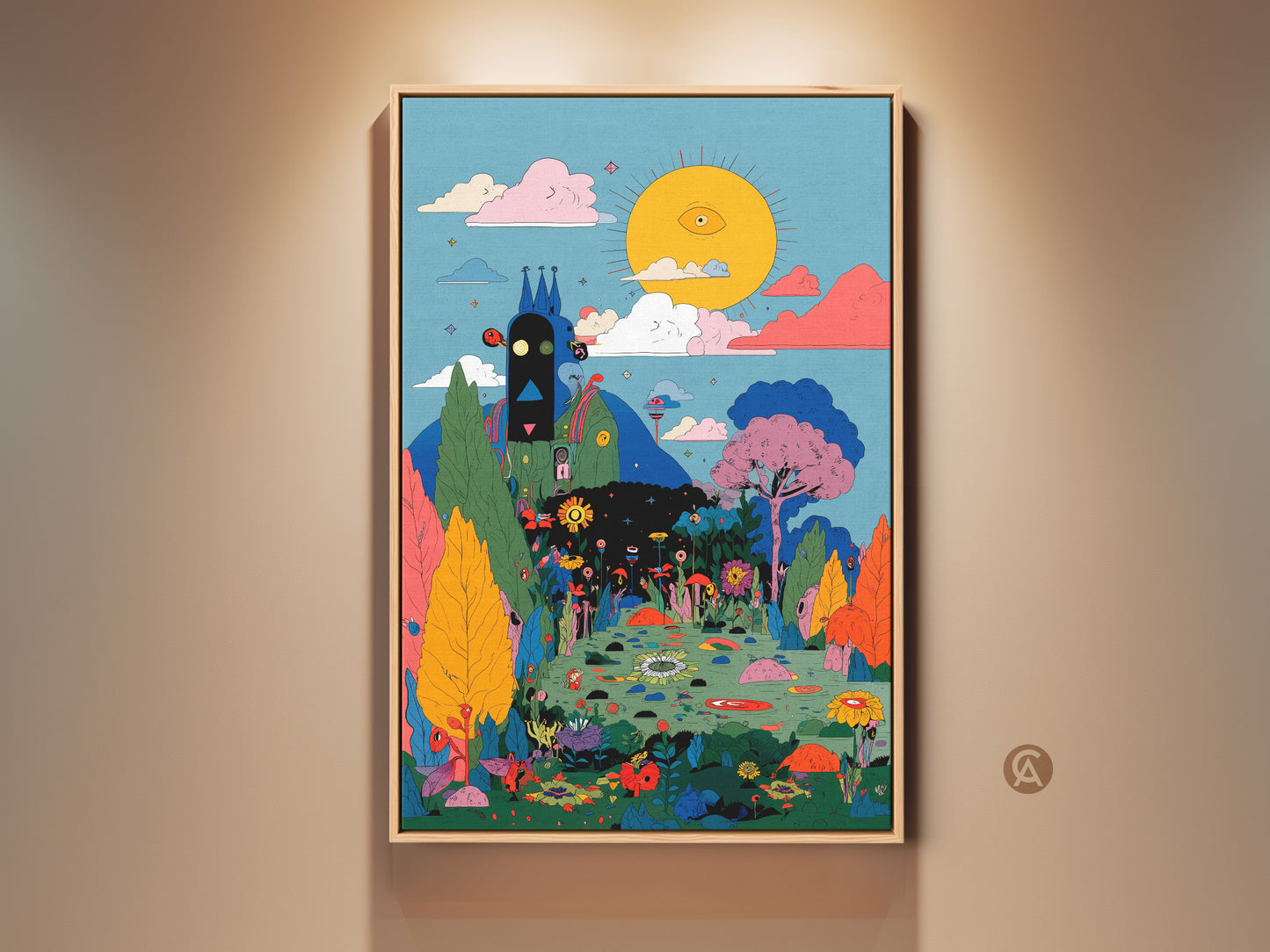 Eye See You art print in a wood frame. The illustration shows a sun with an eye watching over a colorful landscape. This framed canvas is ready to hang. Decorate your home with unique wall art.