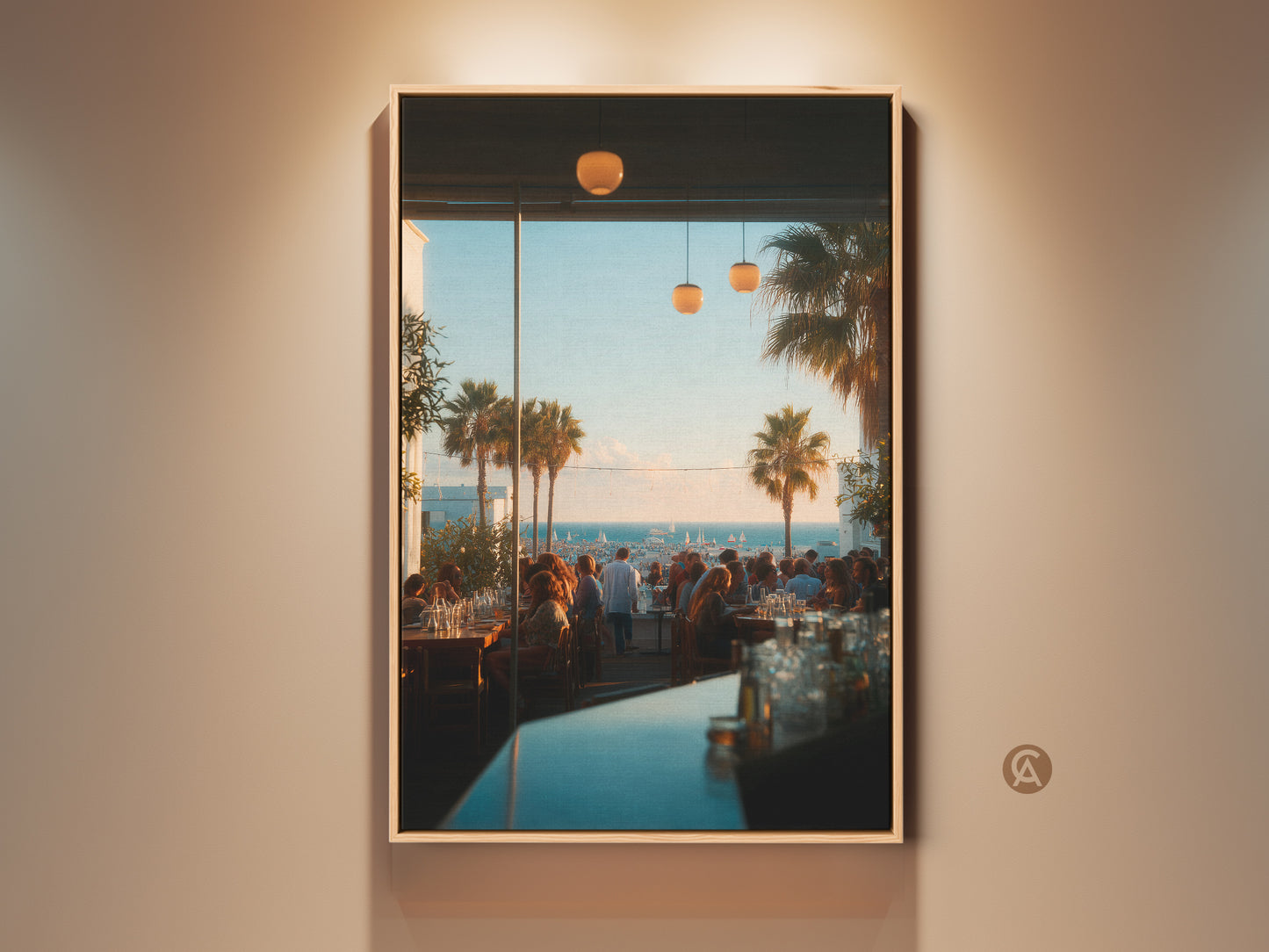 Framed canvas artwork showcasing a vibrant restaurant scene. Palm trees are visible through a large window. The artwork adds a touch of coastal charm to any space. This is a stunning piece that captures the essence of leisure and luxury. Perfect for home or office decor.