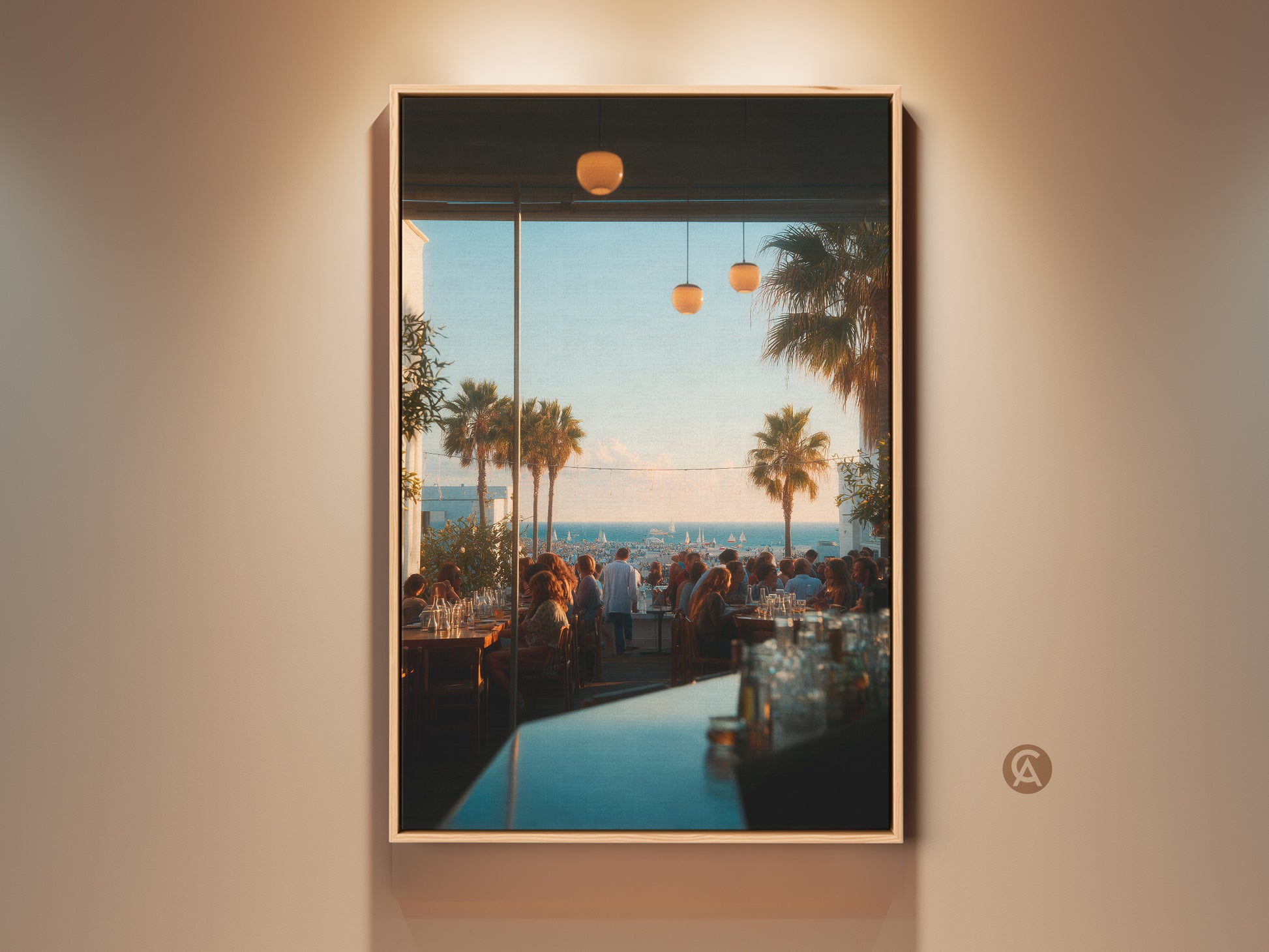 Framed canvas artwork showcasing a vibrant restaurant scene. Palm trees are visible through a large window. The artwork adds a touch of coastal charm to any space. This is a stunning piece that captures the essence of leisure and luxury. Perfect for home or office decor.