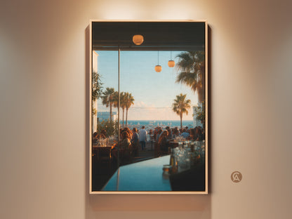 Framed canvas artwork showcasing a vibrant restaurant scene. Palm trees are visible through a large window. The artwork adds a touch of coastal charm to any space. This is a stunning piece that captures the essence of leisure and luxury. Perfect for home or office decor.