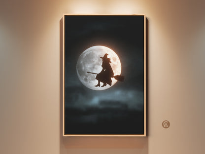 Framed witch silhouette art print on a wall. The dark blue black artwork shows a witch flying on a broom against a luminous moon. This eclectic Halloween wall decor adds mystical charm to any room. Perfect for Halloween enthusiasts and thematic home decor.