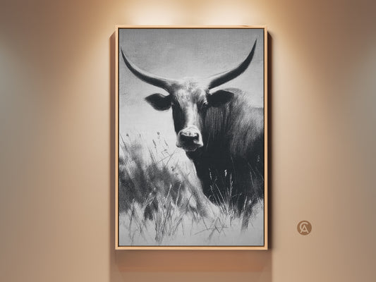 Framed farmhouse cow canvas art. The textured monochrome bull print adds rustic charm. Black and white wildlife wall decor enhances any room. Perfect bedroom and living room art.