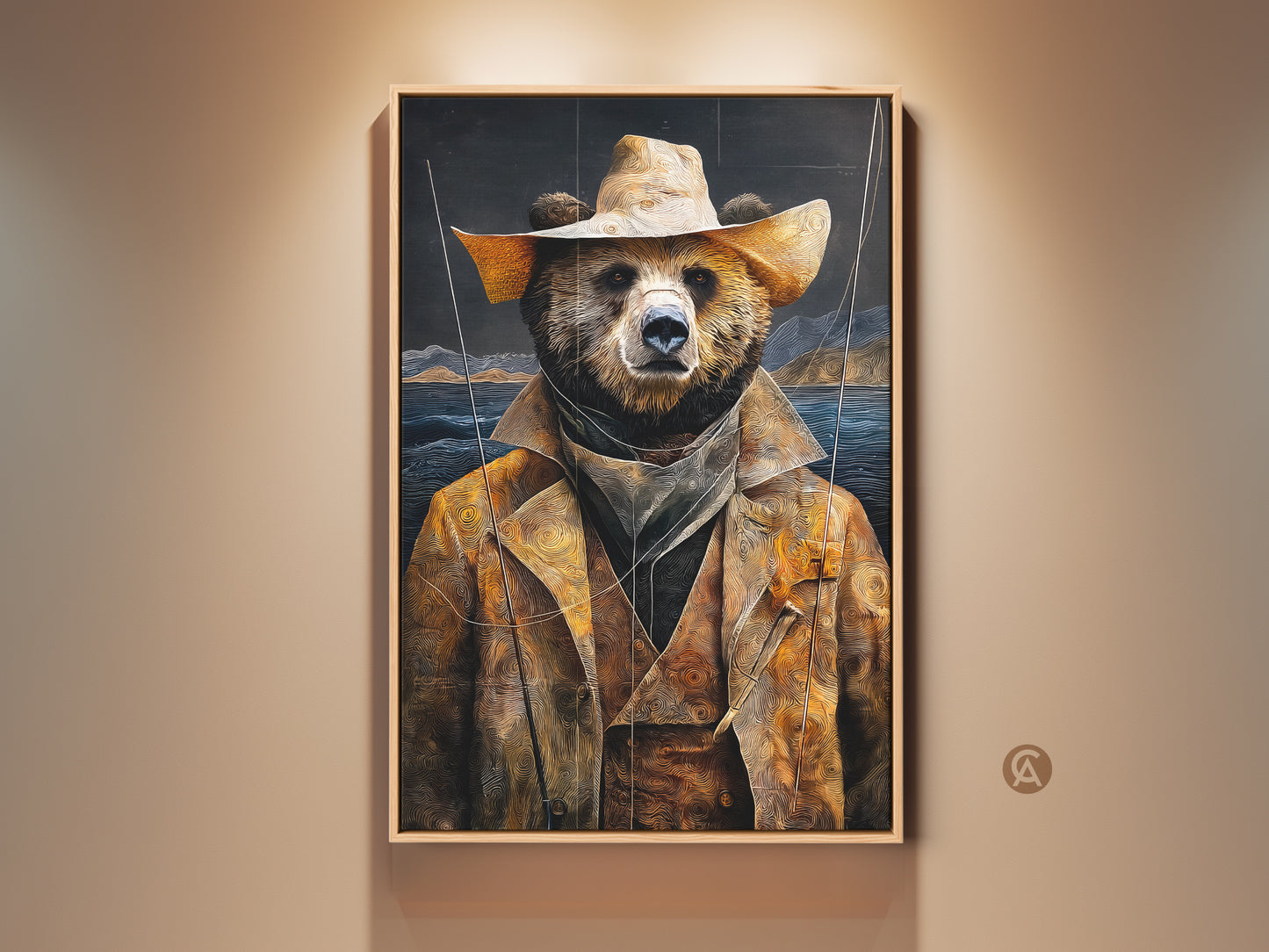 Golden Yellow Bear Cowboy Art displayed in a modern room setting. The artwork adds a rustic touch to a contemporary space. Notice the earthy tones landscape canvas print. It's perfect nature adventure art for a unique home decor.