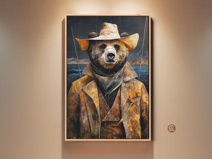 Golden Yellow Bear Cowboy Art displayed in a modern room setting. The artwork adds a rustic touch to a contemporary space. Notice the earthy tones landscape canvas print. It's perfect nature adventure art for a unique home decor.