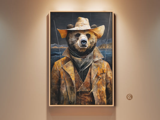 Golden Yellow Bear Cowboy Art displayed in a modern room setting. The artwork adds a rustic touch to a contemporary space. Notice the earthy tones landscape canvas print. It's perfect nature adventure art for a unique home decor.