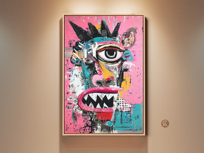Modern art print featuring a vibrant monster face. This unique painting has bold colors and a raw style. Buy this framed canvas to add an edgy touch to any room. Perfect for art collectors and enthusiasts seeking expressive wall decor.