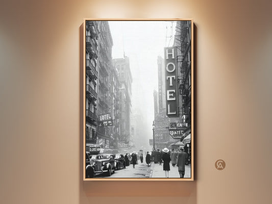 Monochrome vintage hotel street scene canvas art. Retro cityscape print for industrial loft decor. Black and white urban wall art evokes a bygone era. Perfect gift for travelers and vintage art lovers.