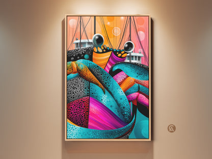 Framed abstract crab art. This coastal artwork features teal pink and orange hues. It's perfect for eclectic decor. The canvas print brings a nautical touch. It's ideal for living rooms or hallways. This is a unique housewarming gift for beach lovers.