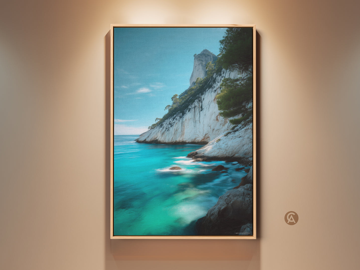 Framed Ocean Landscape art print showcases a vibrant coastal cliff canvas. The turquoise blue seascape wall decor enhances any beach house. It makes a thoughtful gift for her bringing serene deep blue ocean decor into residential wall spaces.