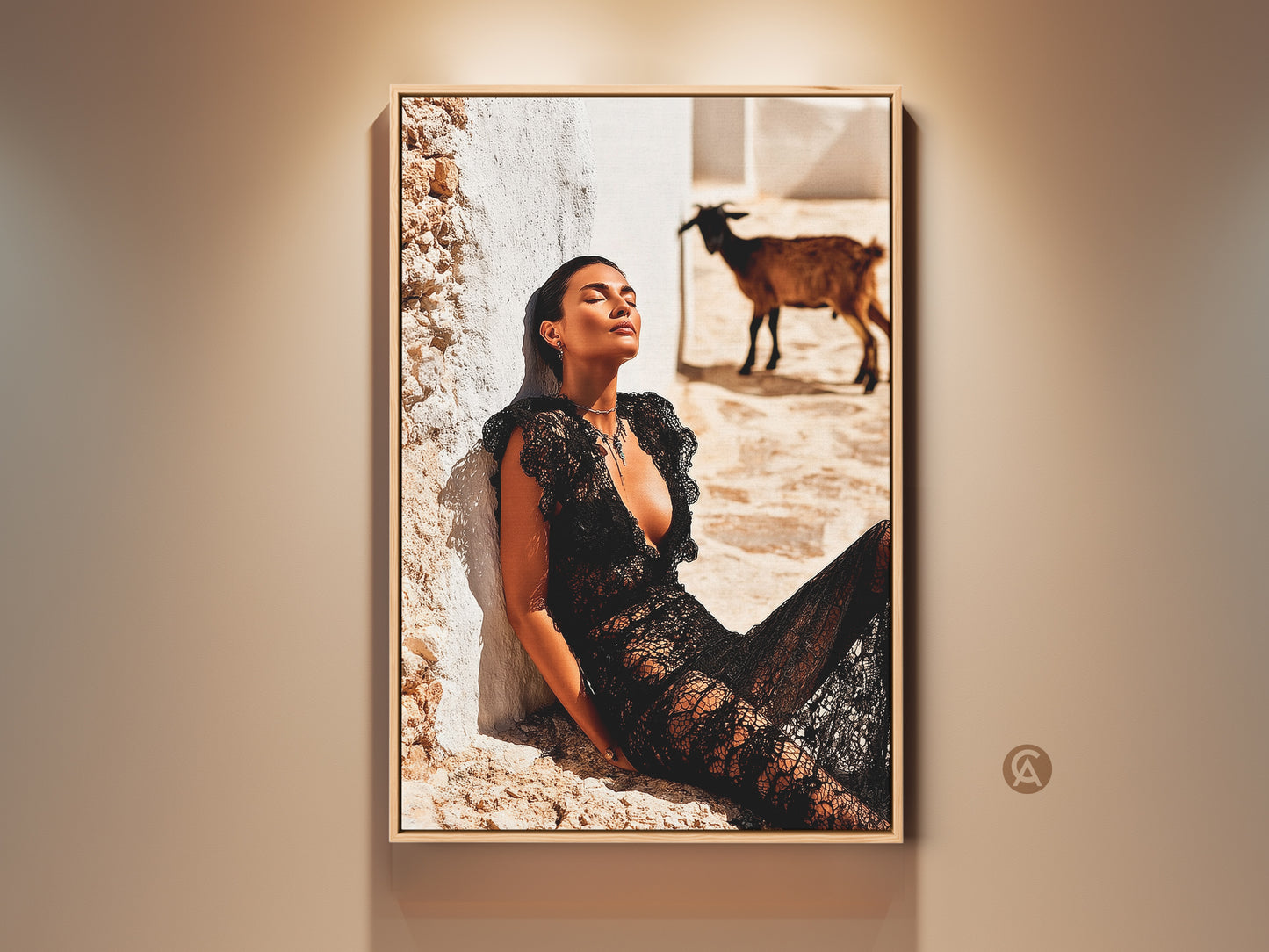 Mediterranean Aesthetic Fashion Photography. A woman in a black lace dress is basking in the sun. A goat stands in the background. The artwork captures a travel-inspired scene. It brings an eclectic touch to any space. This print is perfect for fashion lovers and unique home decor. It enhances contemporary and eclectic interiors.