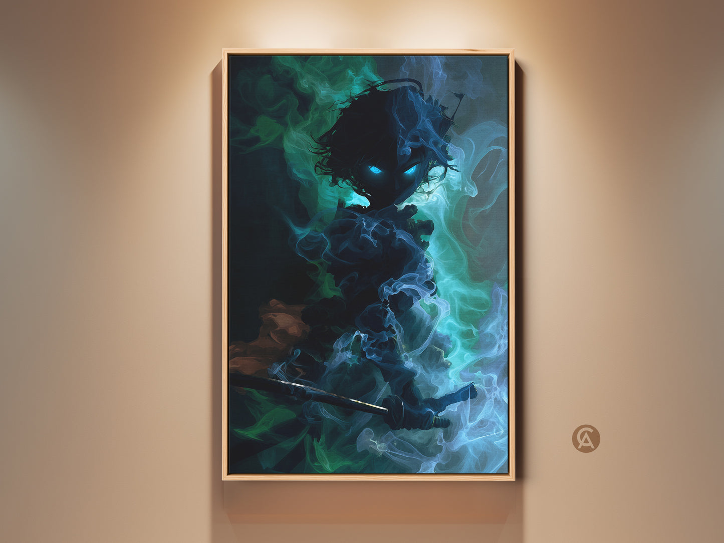 Framed anime art print featuring a dark fantasy warrior demon. This blue green teal artwork brings an eclectic touch. This unique character art enhances any game room decor.