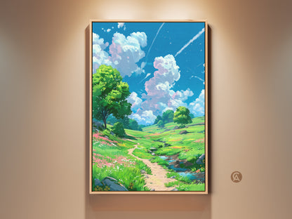Framed landscape artwork displaying a scenic path with vibrant greenery and a clear blue sky. The wall art is framed in a warm tone enhancing the beauty of nature's painting. This serene artwork is perfect for adding tranquility to any room.