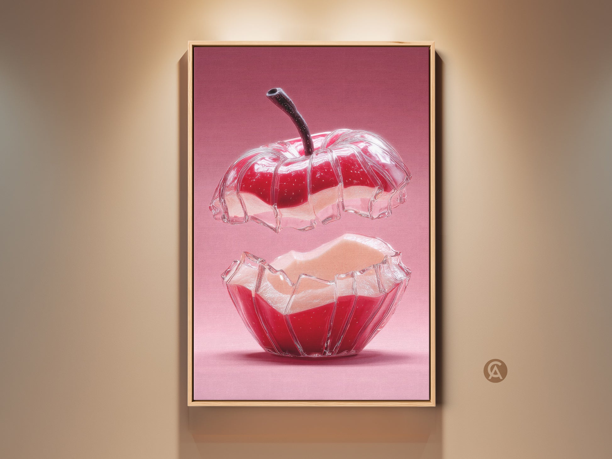 Abstract red and pink apple canvas art. This surreal kitchen wall art adds a contemporary touch. A unique foodie gift option. Perfect modern home decor. The artwork features a sliced glass apple with juice inside. A striking piece for any kitchen or dining space.