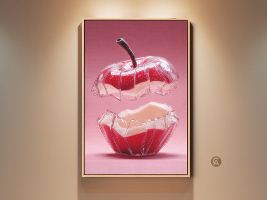 Abstract red and pink apple canvas art. This surreal kitchen wall art adds a contemporary touch. A unique foodie gift option. Perfect modern home decor. The artwork features a sliced glass apple with juice inside. A striking piece for any kitchen or dining space.