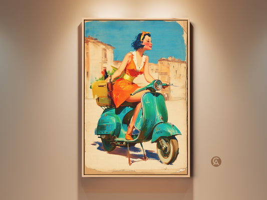 A vibrant canvas artwork of a woman riding a teal vintage scooter. The artwork has a retro feel. She is carrying flowers. Perfect wall art for vintage and scooter enthusiasts. This artwork is a conversation starter.