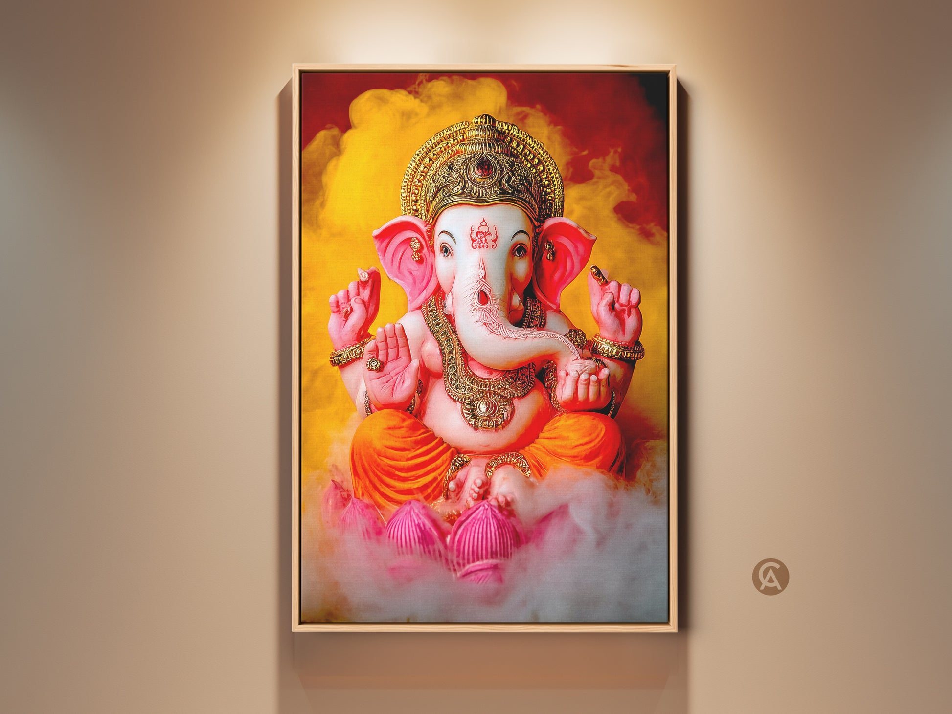 Spiritual Ganesha framed wall art adds divine grace to any space. The Hindu deity of wisdom artwork features lotus and orange pink yellow hues. Ideal prayer room decor. This Indian traditional artwork brings spiritual energy. Perfect meaningful Diwali gift for spiritual seekers.
