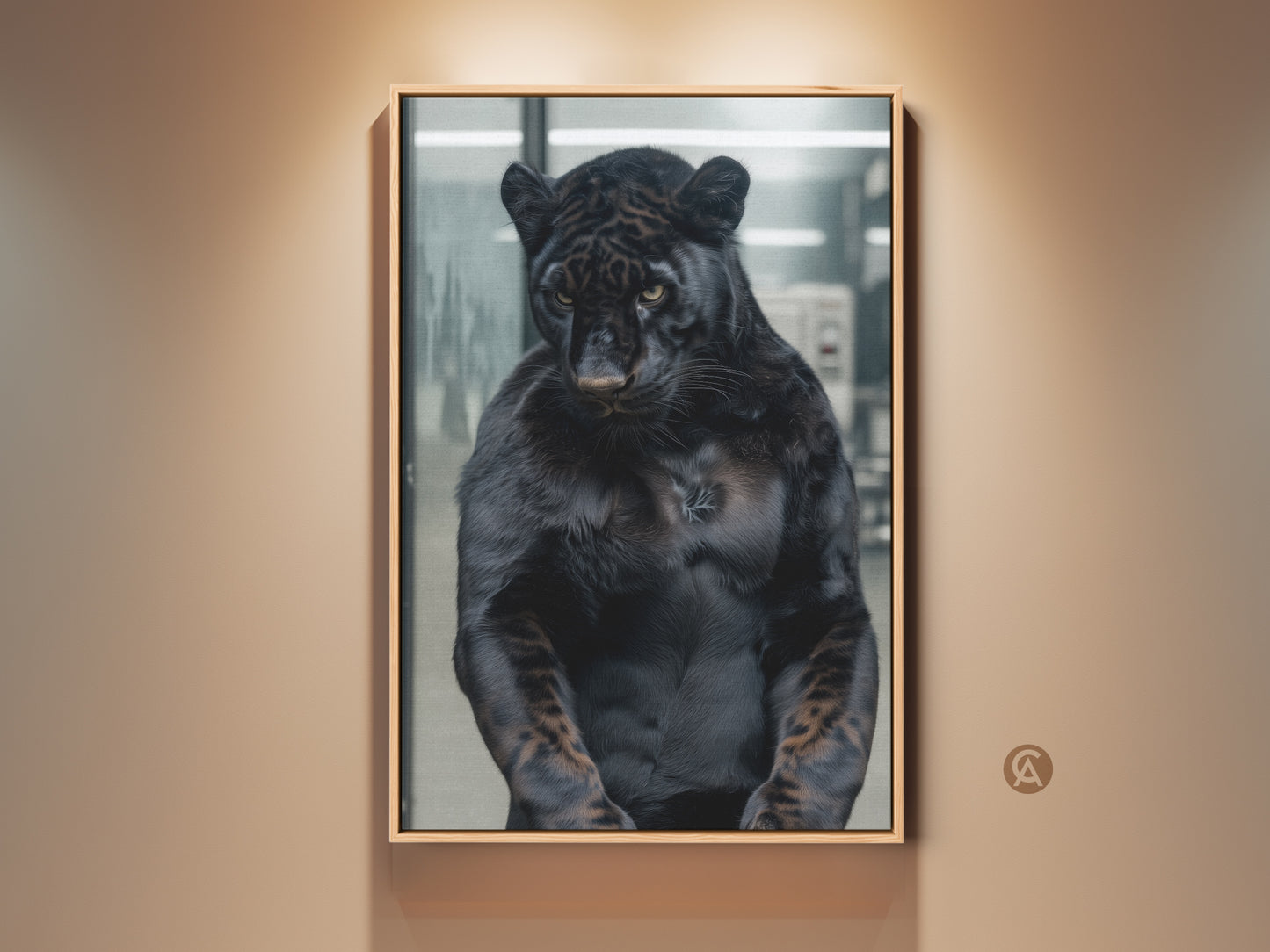 Framed artwork of a muscular black panther on a wall. The animal portrait is set against a blurred background. The feline art piece is perfect for modern interiors. The frame complements the panther's sleek coat. Hang this museum-quality framed canvas to elevate your space.