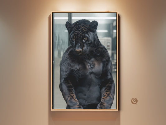 Framed artwork of a muscular black panther on a wall. The animal portrait is set against a blurred background. The feline art piece is perfect for modern interiors. The frame complements the panther's sleek coat. Hang this museum-quality framed canvas to elevate your space.