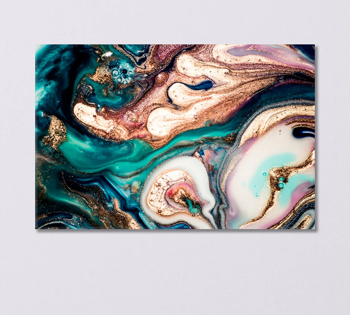 Close-up modern liquid marble canvas with teal, blush and metallic tones