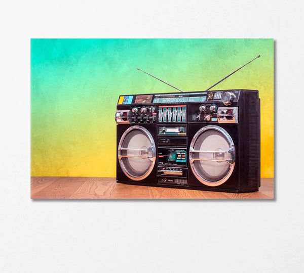Retro boombox in teal-yellow gradient background