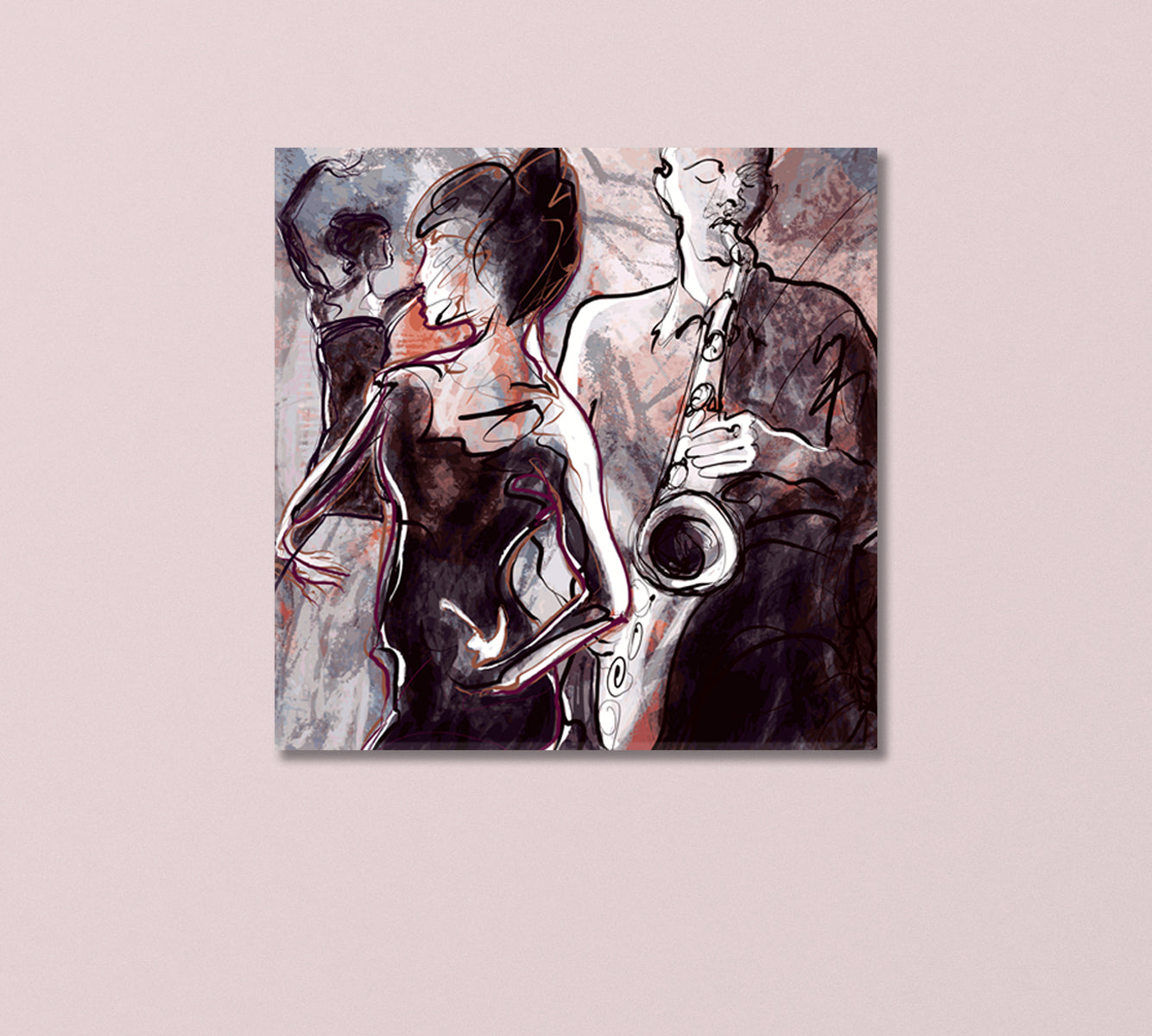 Jazz Saxophonist and Two Dancing Women Canvas Print-Canvas Print-CetArt-1 panel-12x12 inches-CetArt