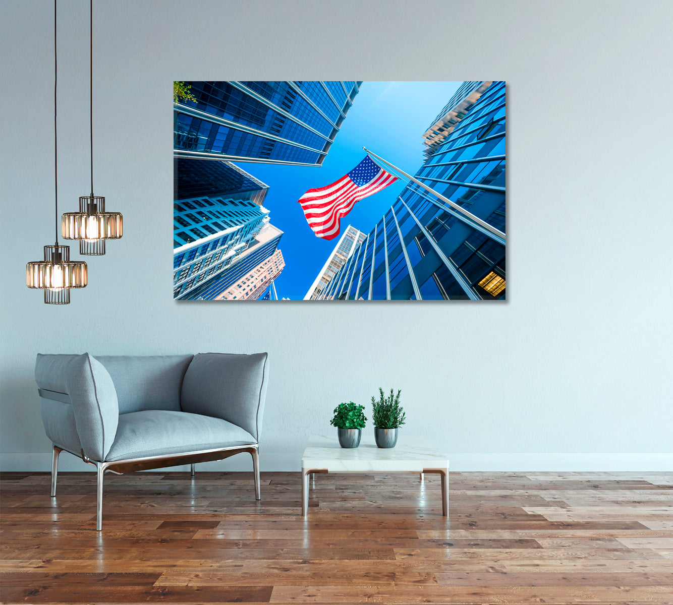US Flag Over Blue High Rise Buildings Canvas Print-Canvas Print-CetArt-1 Panel-24x16 inches-CetArt