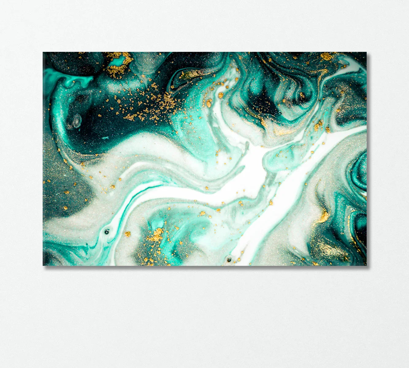 Abstract Oriental Turquoise Wave Pattern canvas — close-up of turquoise and gold marbling on white background