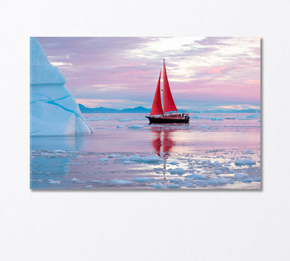 Red Sailboat Near Massive Iceberg Greenland Canvas Print-Canvas Print-CetArt-1 Panel-24x16 inches-CetArt