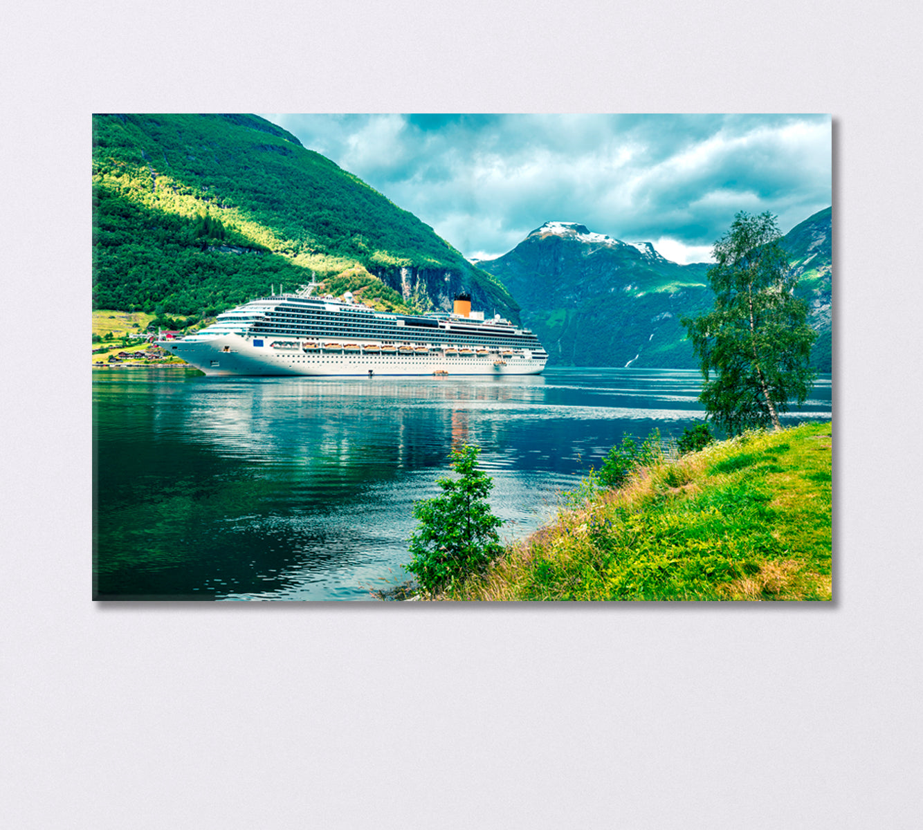 Green Geiranger Fjord with Cruise Ship Norway Canvas Print-Canvas Print-CetArt-1 Panel-24x16 inches-CetArt