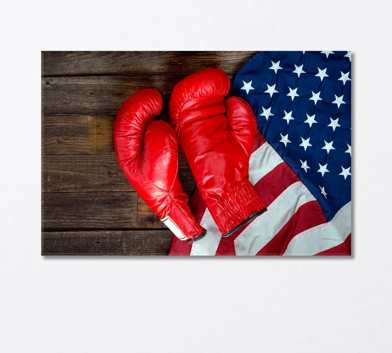 Red boxing gloves on wood with a flag background