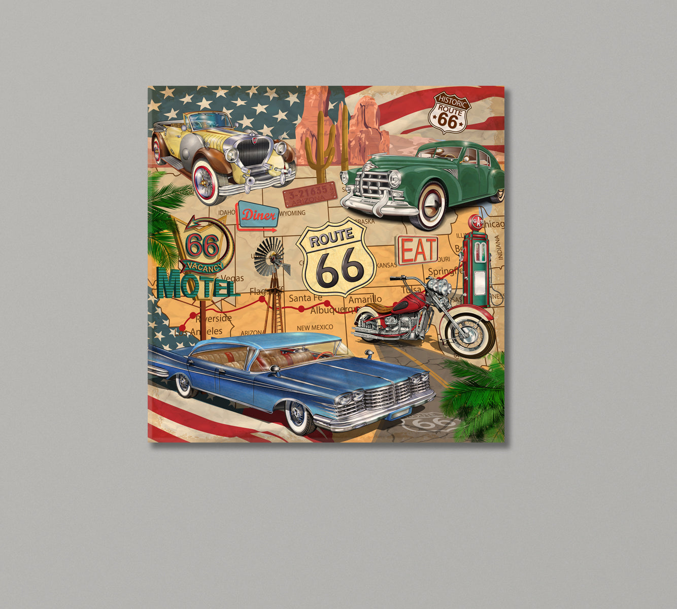 Vintage Route 66 with Retro Cars Canvas Print-Canvas Print-CetArt-1 panel-12x12 inches-CetArt