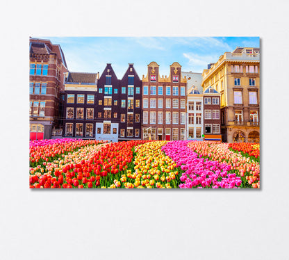 Traditional Buildings and Tulips in Amsterdam Canvas Print-Canvas Print-CetArt-1 Panel-24x16 inches-CetArt