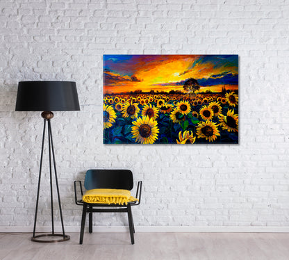 Oil Painted Sunflowers Field Canvas Print-Canvas Print-CetArt-1 Panel-24x16 inches-CetArt