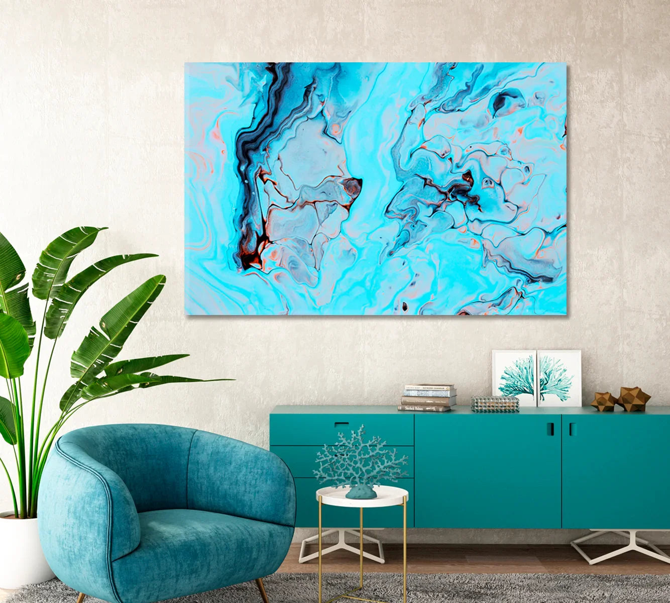 Modern Blue Acrylic Liquid Swirl canvas in a teal interior.