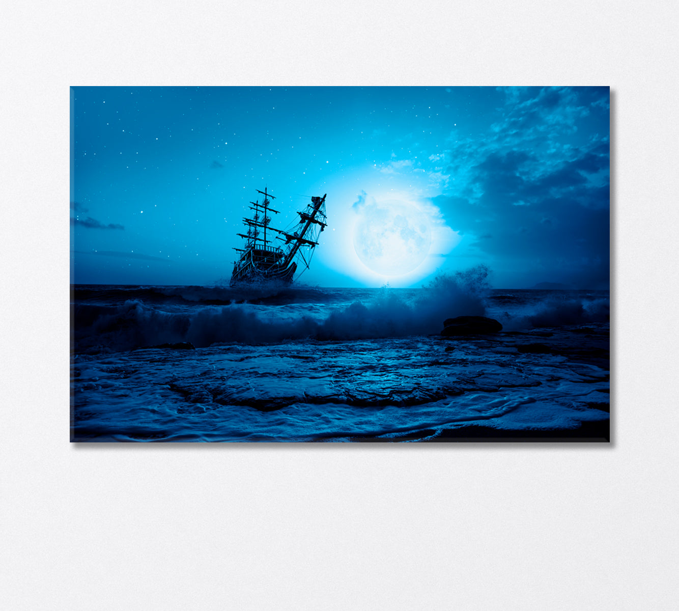 Sailing Old Ship in Stormy Sea at Night Canvas Print-Canvas Print-CetArt-1 Panel-24x16 inches-CetArt
