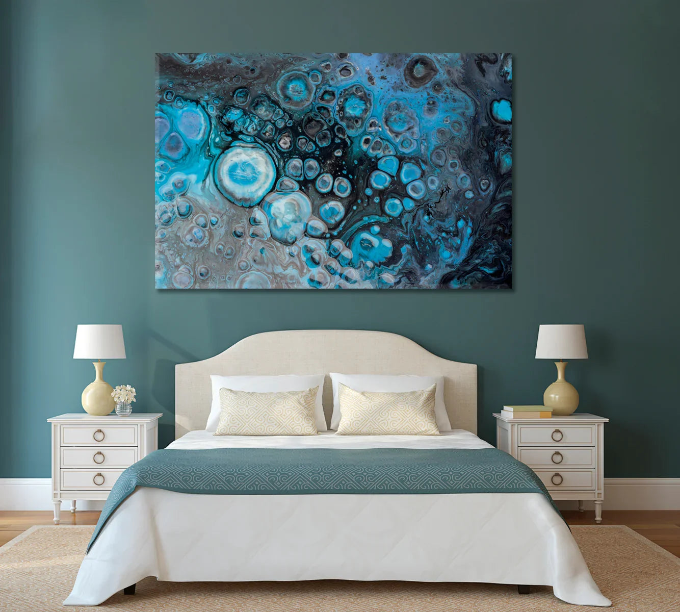 Grey Blue Liquid Acrylic Bubbles canvas styled in a bedroom.