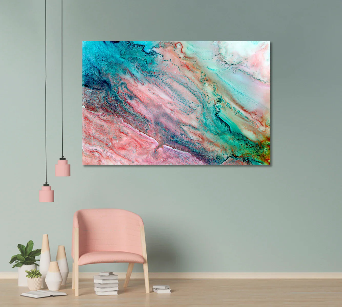 In-room styling: Pink Turquoise & Blue Marble canvas above a blush chair.