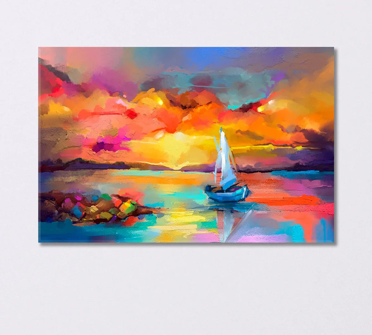 Sailboat in Sea canvas — vivid sunset and calm water