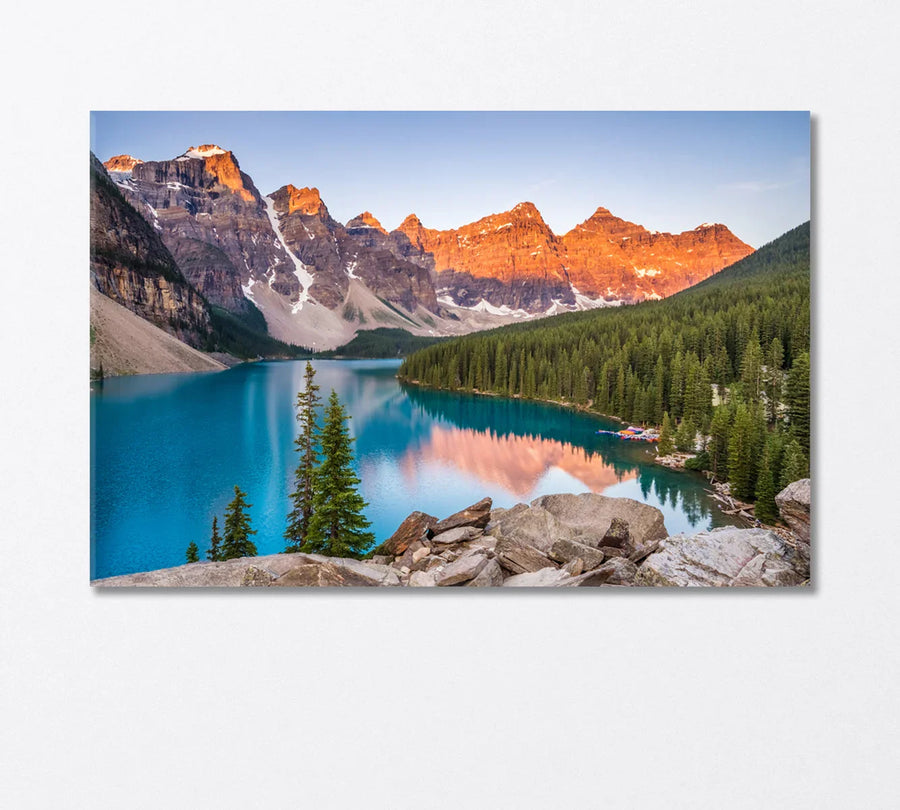 Sunrise over Moraine Lake Canvas Print—still water and peaks