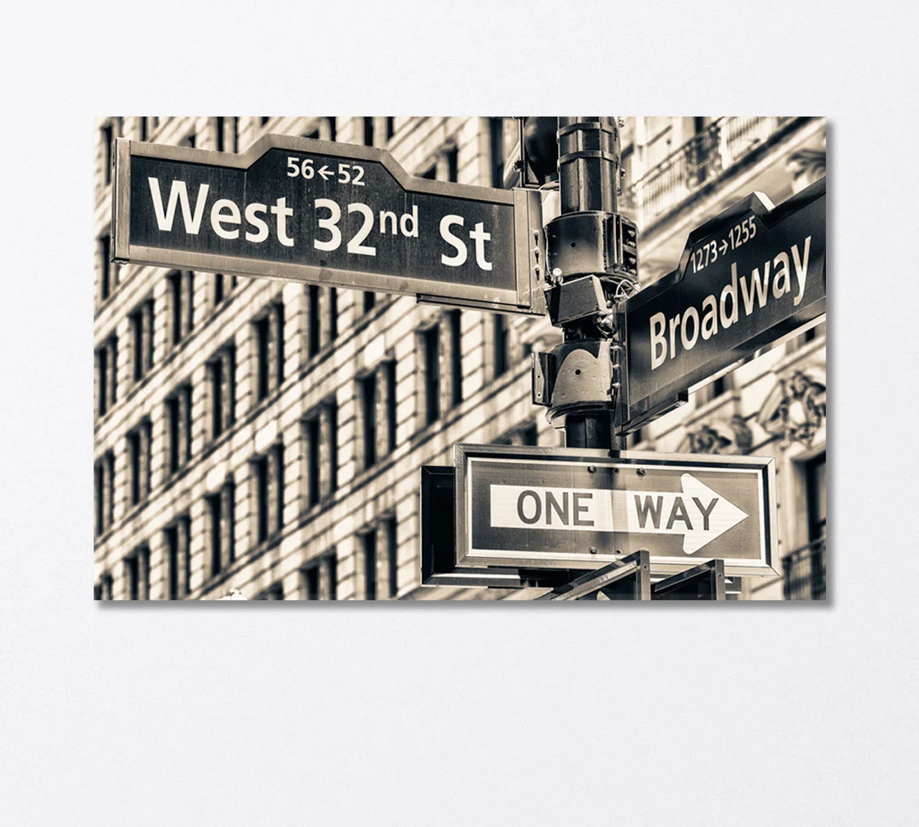 Black-and-white New York street sign canvas: West 32nd St and Broadway