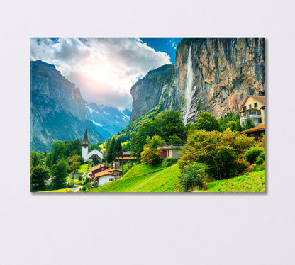 Alpine Village with Church and Staubbach Waterfall Switzerland Canvas Print-Canvas Print-CetArt-1 Panel-24x16 inches-CetArt