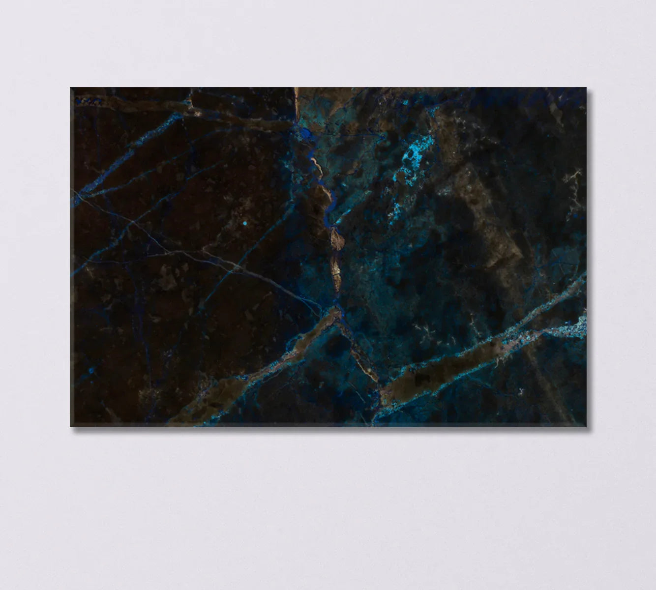 Abstract Natural Black Marble canvas print close-up with deep blue veining and dark stone texture