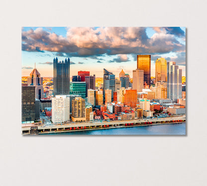 Pittsburgh Downtown under a Warm Sunset Light USA Canvas Print-Canvas Print-CetArt-1 Panel-24x16 inches-CetArt