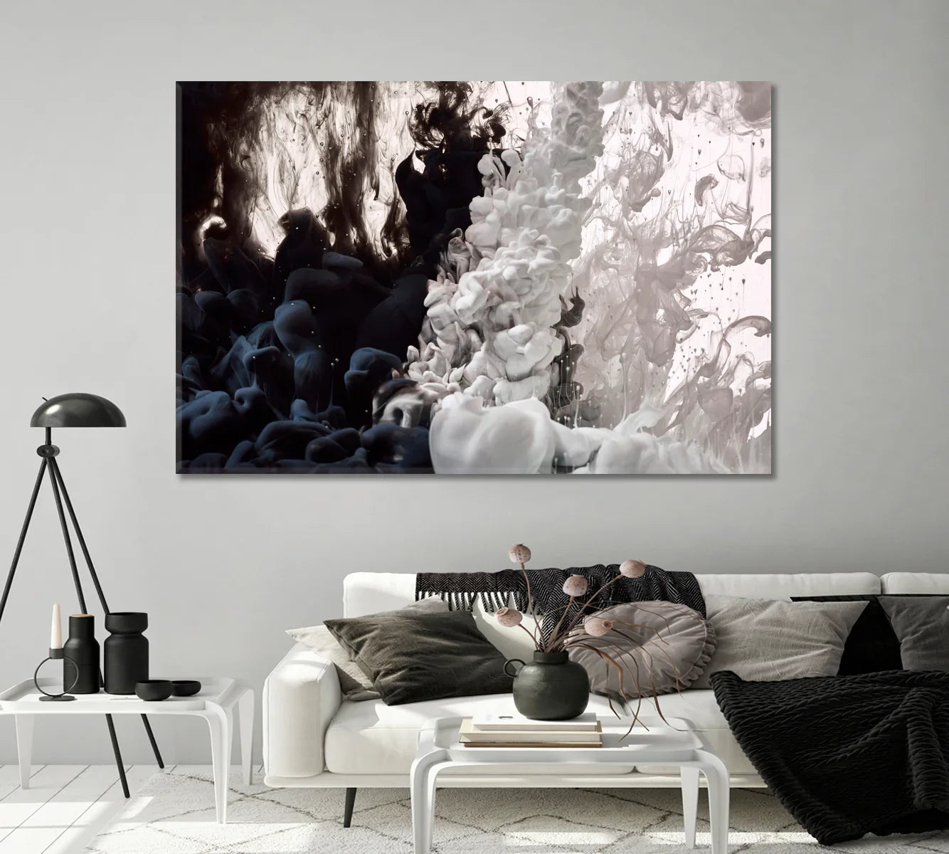 Abstract Black and White Paint Splash in Water Canvas above modern sofa