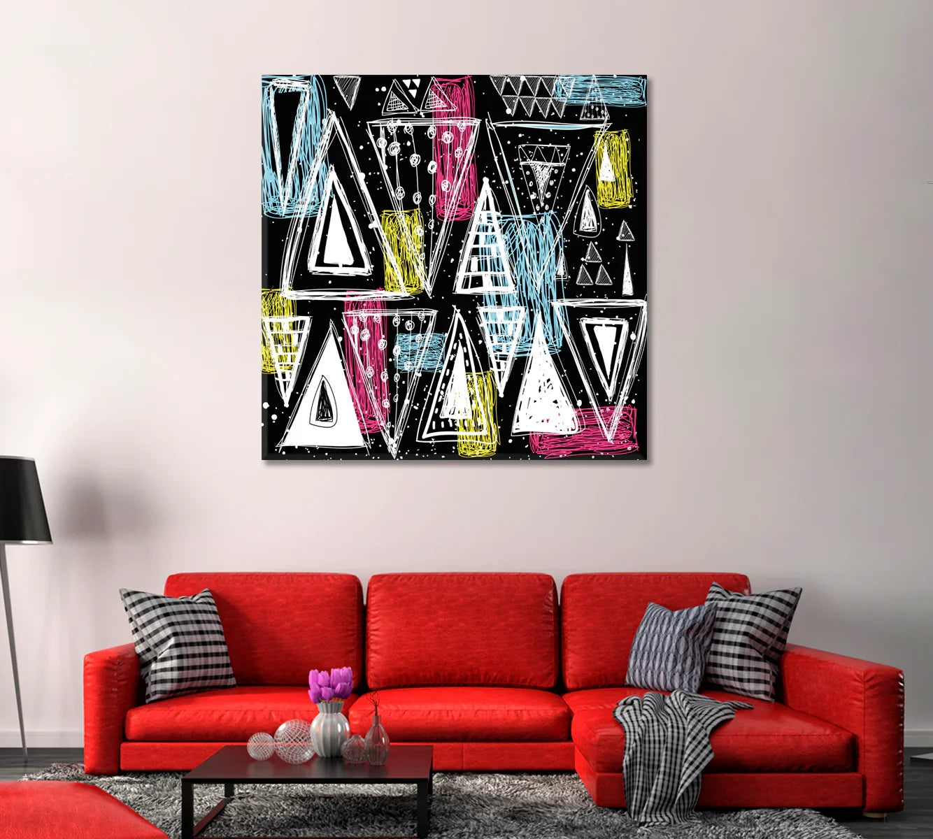 Square abstract canvas of hand-drawn white and neon shapes on black background