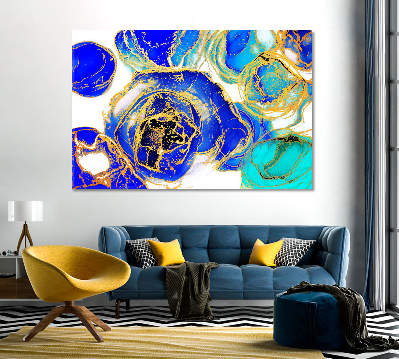 Abstract Alcohol Ink Blue and Gold Swirls Modern Art Canvas Print-Canvas Print-CetArt-1 Panel-24x16 inches-CetArt